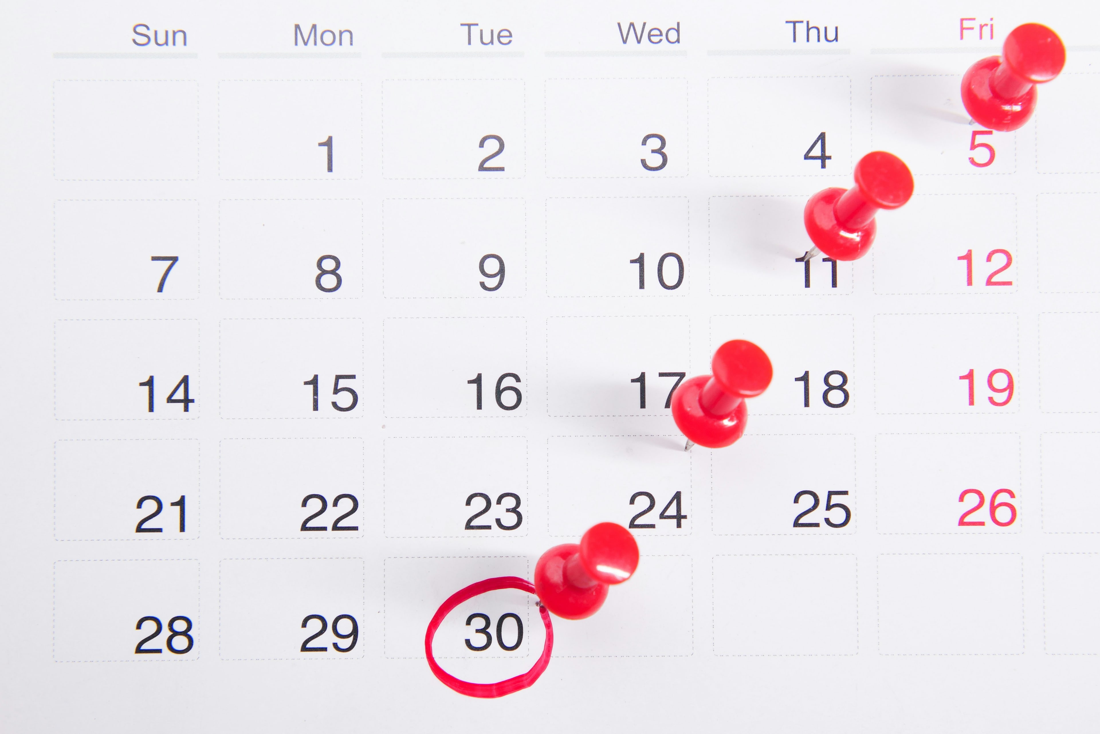 A close-up of a calendar with push-pins representing enrollment deadlines